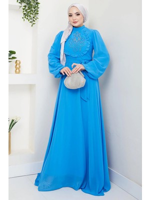 Hafsa Mina Boncuklu Şifon Abiye Elbise Mavi HM2667