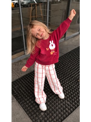Elzo Collection Kız Çocuk Kareli Dokuma Gabardin Pantolon Ön Arka Tavşan Baskılı Sweatshirt Şardonsuz 3iplik Kuamş Alt Üst Takım
