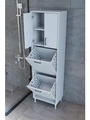 Septemius Nergiz Çok Amaçlı Banyo Dolabı Çift Bölmeli Kirli Çamaşır Sepetli Beyaz Çamaşır Düzenleme Ünitesi