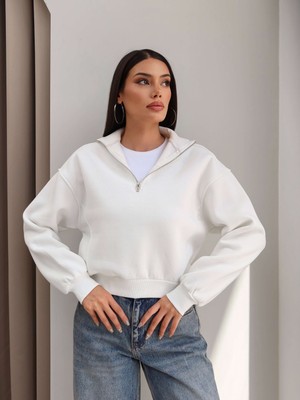 Esra Helvacı Fermuarlı Dik Yaka Şardonlu Sweatshirt