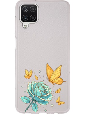 LOTUS GOLD Samsung Galaxy A12/M12 Uyumlu Gül ve Kelebek Desenli Şeffaf Telefon Kılıfı