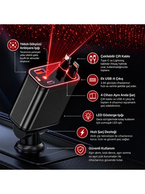 Tekno Hediye Araç Çakmaklık Şarj Cihazı Dahili Çekilebilir Type-C Lightning Çift Kablo Ambiyans Işıklı