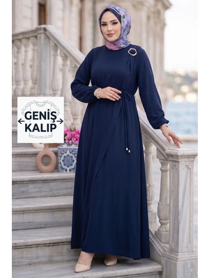 Hafsa Mina Toka Detaylı Bağlamalı Ayrobin Elbise Lacivert HM2907