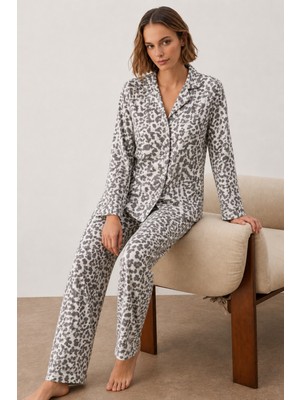 Fit Women Kadın Puantiyeli Klasik Yaka Gri Pijama Takımı