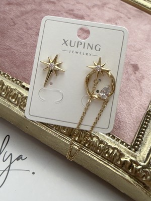 Xuping Jewelry Xuping Zirkon Taşlı Gold Asimetrik Yıldız Halka Küpe