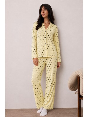 Fit Women Kadın Puantiyeli Gömlek Sarı Pijama Takımı