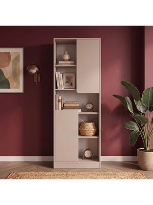 Bimossa W2130 Daffy Kitaplık Kumtaşı - 183 cm Yüksek, 2 Kapaklı, Raflı ve 9 Bölmeli Çok Amaçlı Dolap