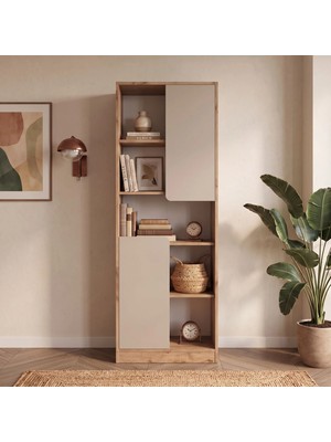 Bimossa W2120 Daffy Kitaplık Sepet-Kumtaşı - 183 cm Yüksek, 2 Kapaklı, Raflı ve 9 Bölmeli Çok Amaçlı Dolap