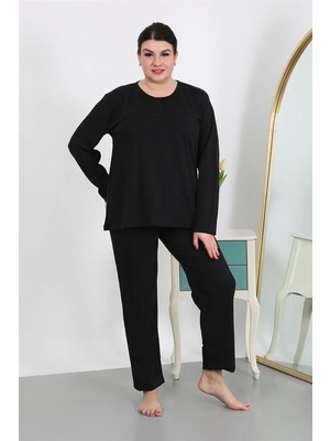 Melonika Kadın Büyük Beden Uzun Kol Penye Pijama Takımı Siyah Çmş