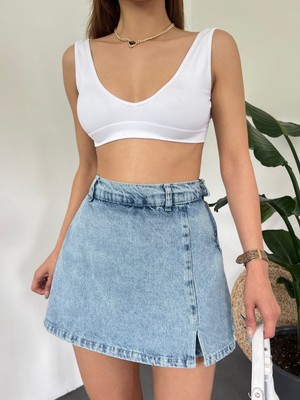 Nido Moda Yırtmaç Detaylı Denim Şort Etek