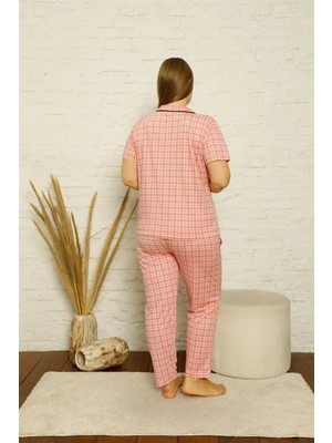 Melonika Kadın Pamuklu Cepli Kısa Kol Büyük Beden Pijama Takım Pembe Çmş
