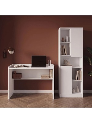 Bimossa T2140 Daffy Çalışma Masası ve Kitaplık Takımı Beyaz - Raflı Masa ve 2 Kapaklı 9 Bölmeli Kitaplık
