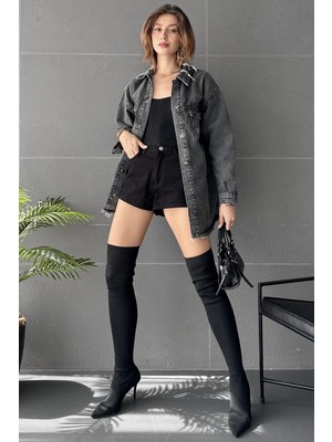 Nido Moda Çift Cepli Yırtık Detaylı Oversize Gömlek Ceket