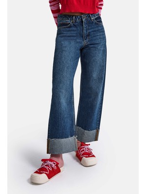 It's Basic Kadın Koyu Mavi 2W6-5 Relaxed Fit Paça Detaylı Denim Jean