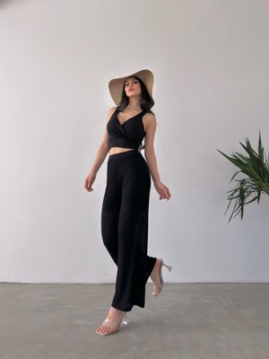 Nido Moda Kruvaze Yaka Crop Bluz ve Detaylı Pantolon Triko Ikili Takım