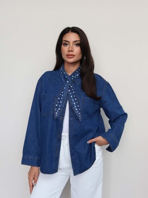 Esra Helvacı Fular Taşlı Denim Gömlek