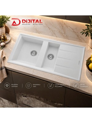 Real Stone Realstone P013 Salda 100 1,5 Gözlü Granit Mutfak Eviyesi Beyaz 100 x 50 cm