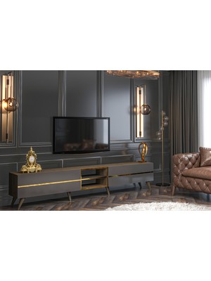 Givayo Mobilya Arwen Modern Tasarımlı TV Ünitesi Ceviz Antrasit Suntalam Malzeme 235 cm Genişlik