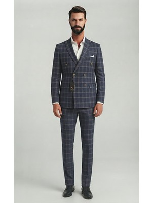 Sabri Zengin Erkek Ekose Desenli Slim Fit Kruvaze Takım Elbise
