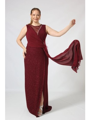 Moda Berray 2411 Bel Aksesuar Detaylı Şifon Fukuro Kombin Abiye Elbise Bordo