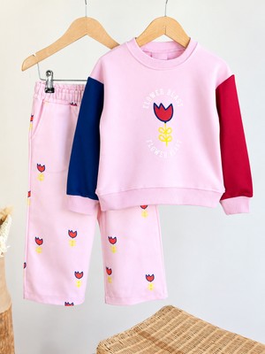 Elzo Collection Kız Çocuk Dokuma Gabardin Pantolon Lale Baskılı Sweatshirt Şardonsuz 3iplik Kumaş Alt Üst Takım