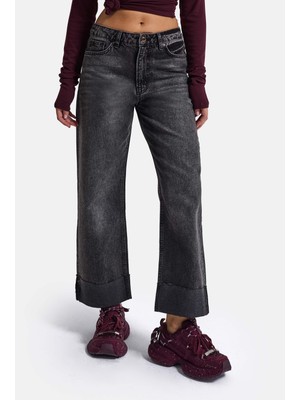 It's Basic Kadın Koyu Füme 4W6-14 Relaxed Fit Paça Detaylı Denim Jean