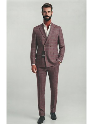 Sabri Zengin Erkek Ekose Desenli Slim Fit Kruvaze Takım Elbise