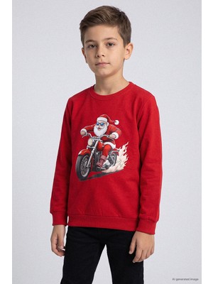 Kinderos Motosikletli Noel Baba Baskılı Yılbaşı Çocuk Sweatshirt - 26K 30859