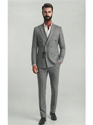 Sabri Zengin Erkek Ekose Desenli Slim Fit Kruvaze Takım Elbise