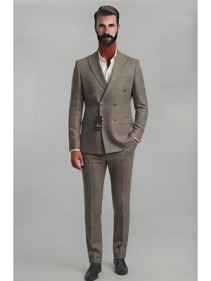 Sabri Zengin Erkek Ekose Desenli Slim Fit Kruvaze Takım Elbise