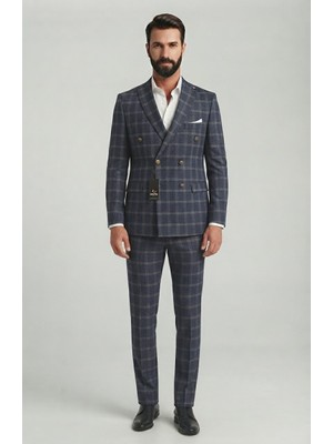 Sabri Zengin Erkek Ekose Desenli Slim Fit Kruvaze Takım Elbise