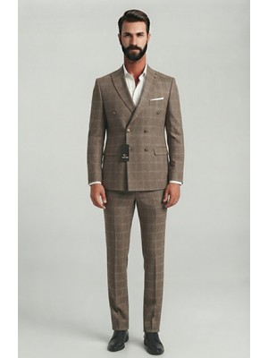 Sabri Zengin Erkek Ekose Desenli Slim Fit Kruvaze Takım Elbise