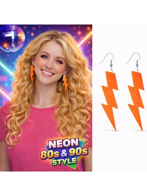 Pileli Store 80’ler 90&amp;apos;lar Retro Neon Turuncu Şimşek Küpe 10 cm (4887)