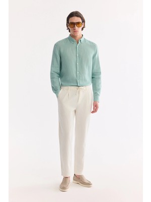 AVVA Erkek Kırık Beyaz Beli Bağcıklı Keten Karışımlı Chino Relaxed Fit Pantolon B003036