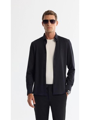 AVVA Erkek Siyah Klasik Yaka Esnek Teknik Kumaş Slim Fit Gömlek A42Y2122