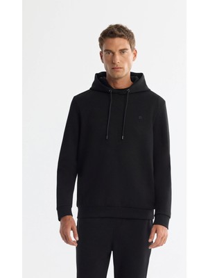 AVVA Erkek Siyah Kapüşonlu Esnek Yumuşak Doku İnterlok Kumaş Basic Regular Fit Sweatshirt B001101