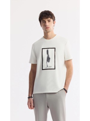 AVVA Erkek Ekru Bisiklet Yaka Baskılı Bi-Stretch İnterlok Regular Fit T-Shirt A51Y1029