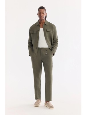 AVVA Erkek Haki Beli Lastikli %100 Keten Relaxed Fit Pantolon B003032