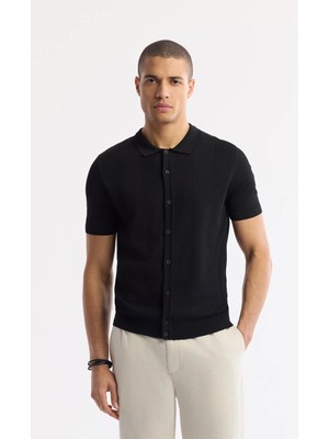 AVVA Erkek Siyah Polo Yaka Düğmeli Fitilli Rayon Triko Regular Fit T-Shirt A51Y5001