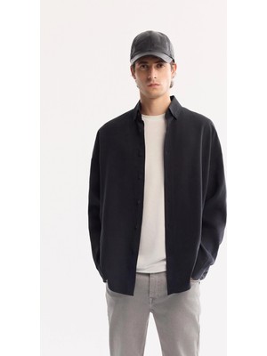 AVVA Erkek Siyah Düğmeli Yaka Soft Touch Oversize Oversize Fit Gömlek A52Y2023