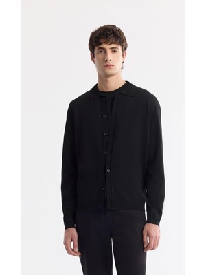 AVVA Erkek Siyah Polo Yaka Düğmeli Rayon Tüylenmeyen Triko Regular Fit Hırka A51Y5008