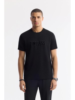 AVVA Erkek Siyah Bisiklet Yaka Baskılı Bi-Stretch İnterlok Regular Fit T-Shirt A51Y1166