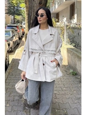 Gülseli Dantel Detaylı Çizgili Trençkot P-00023173