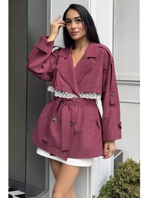 Gülseli Dantel Detaylı Çizgili Trençkot P-00023173