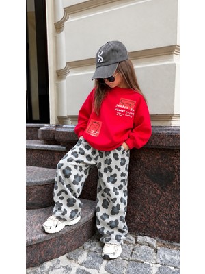 Elzo Collection Kız Çocuk Kırmızı Baskılı Sweatshirt Gri Leopar Baskılı 3iplik Kumaş Eşofman Alt Üst Takım