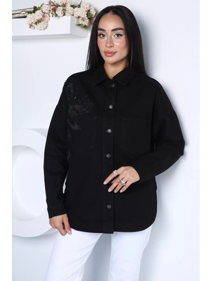 Gülseli Çiçek Detaylı Oversize Jean Kot Ceket P-00023146