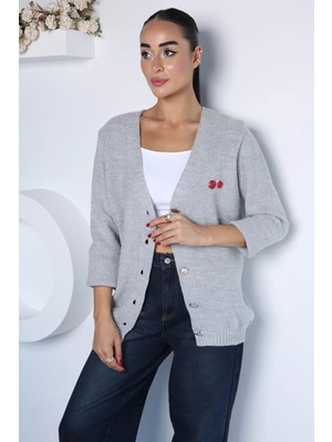 Gülseli Yaka Nakışlı Triko Hırka P-00023151