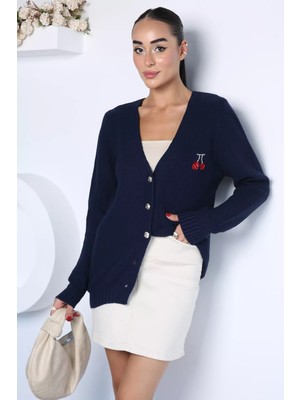 Gülseli Yaka Nakışlı Triko Hırka P-00023151