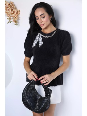 Gülseli Kadın Fular Aksesuarlı Kısa Kol Triko Bluz P-00023156