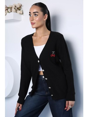 Gülseli Yaka Nakışlı Triko Hırka P-00023151